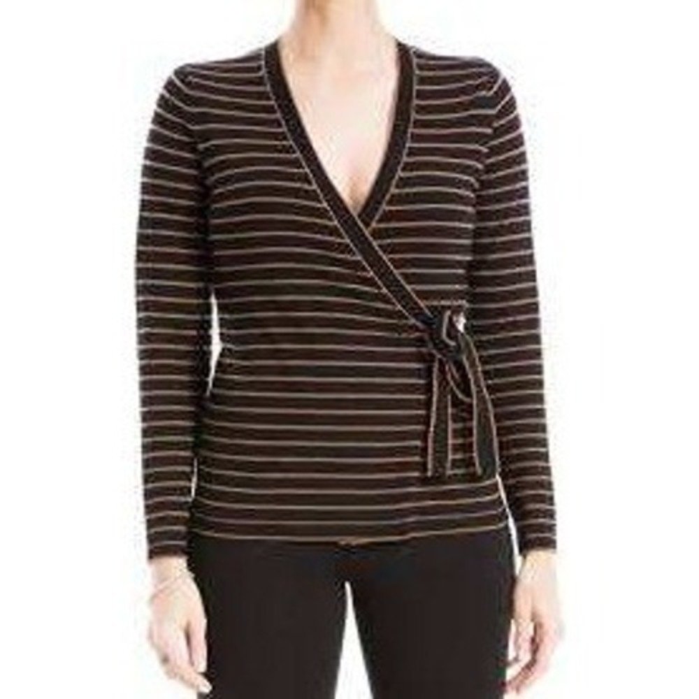 Max Studio London Black Brown Striped V-Neck Wrap Cardigan Size Small‎ READ